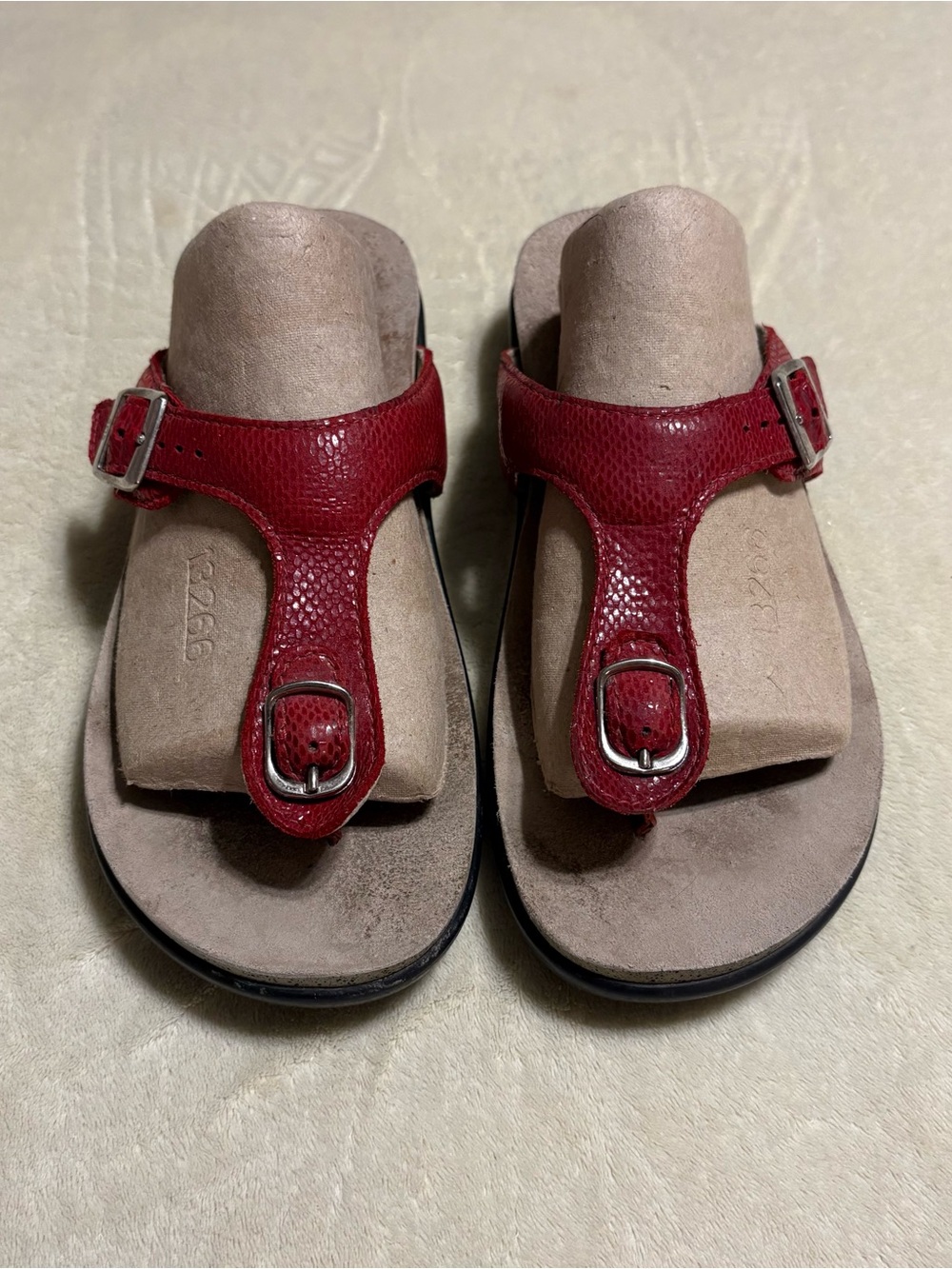 SAS Red Leather Toe-Post Sandals with Buckle Details